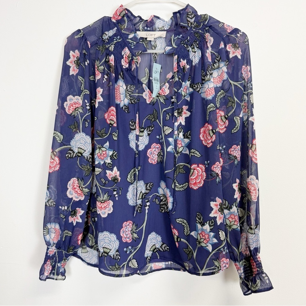 Loft Blouse Womens SP Small Petite Long Sleeve Top Floral Purple Sheer Top NWT